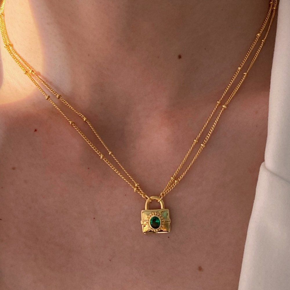 Dainty Gold Double-Layer Lock Pendant Necklace - Double Chain, Emerald Green